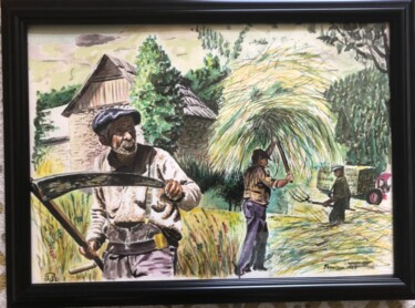 Dessin intitulée "La fenaison" par Pascal Roubaud, Œuvre d'art originale, Encre Monté sur Verre