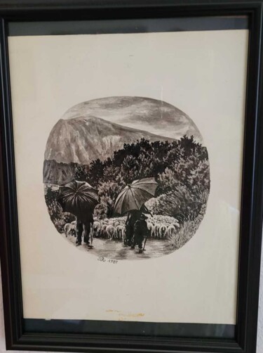 Dessin intitulée "Transhumance" par Pascal Roubaud, Œuvre d'art originale, Encre Monté sur Verre