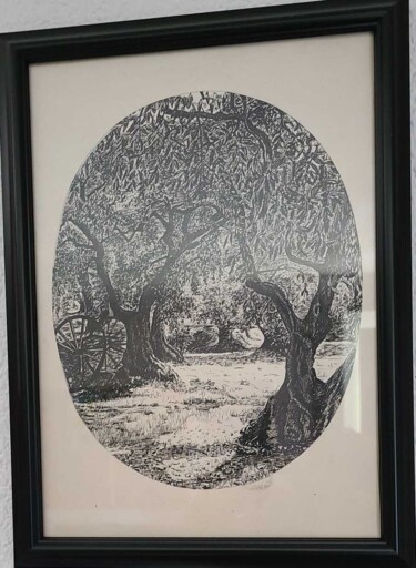 Dessin intitulée "Oliveraie" par Pascal Roubaud, Œuvre d'art originale, Encre Monté sur Verre
