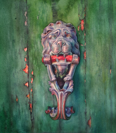 Peinture intitulée "Lion Venetian Door…" par Olga Beliaeva, Œuvre d'art originale, Aquarelle