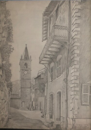 Dessin intitulée "Place de l'église.…" par Pascal Roubaud, Œuvre d'art originale, Graphite Monté sur Verre