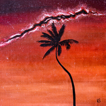 LONELY NIGHT, xl large square beige sky palm tree 70x70 绘画 标题为“LONELY NIGHT, xl la…” 由Rimma Savina, 原创艺术品, 丙烯 安装在木质担架架上