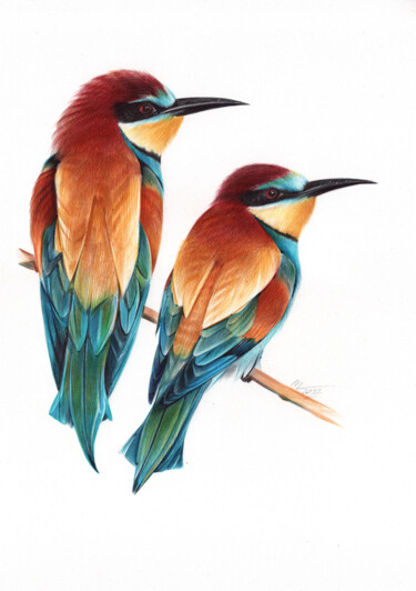 European Bee-eater (Realistic Ballpoint Pen Bird Portrait) 图画 标题为“European Bee-eater…” 由Daria Maier, 原创艺术品, 圆珠笔