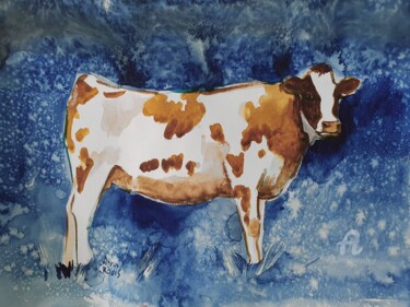 Cow in the night 绘画 标题为“Cow in the night” 由Anna Radis (Anna Radis Art), 原创艺术品, 水彩