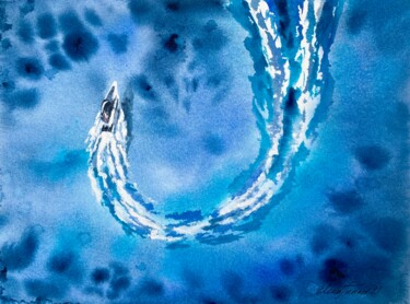 "Race Time!" Speed Boat Sails on Crystal Sea,Watercolor Painting titled ""Race Time!" Speed…" by Elena Tuncer, Original Artwork, Watercolor