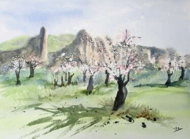 Painting titled "Amandiers en fleurs…" by Navema, Original Artwork, Watercolor