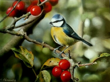 제목이 "Mésange et cerises"인 미술작품 Cathy Cheneau로, 원작, 파스텔