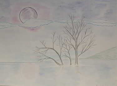 Dessin intitulée "lune et arbre dans…" par Iakim, Œuvre d'art originale, Crayon
