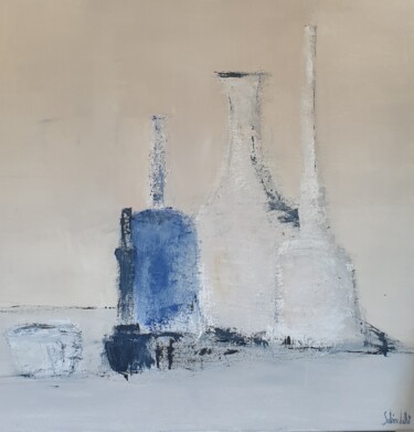 Painting titled "Bouteille bleue" by Sabine Veillet, Original Artwork, Acrylic Mounted on Wood Stretcher frame