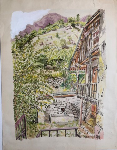 Dessin intitulée "Vieille ferme à la…" par Pascal Roubaud, Œuvre d'art originale, Encre Monté sur Verre
