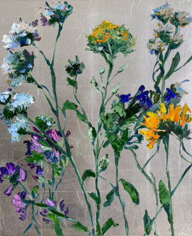Wild flowers on a silver background Pittura intitolato "Wild flowers on a s…" da Diana Timchenko, Opera d'arte originale, Olio Montato su Telaio per barella in…