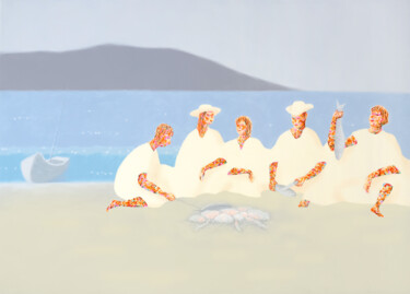 Painting titled "Breakfast by the sea" by Oleh Lavrii, Original Artwork, Acrylic Mounted on Wood Stretcher frame