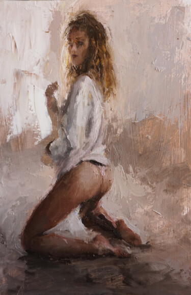 Jeune femme en blouson Malerei mit dem Titel "Jeune femme en blou…" von Manuel Leonardi, Original-Kunstwerk, Öl