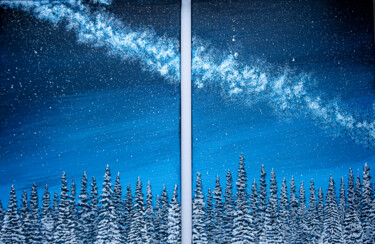 WINTER DREAM, diptych night landscape snowy fir trees sky Peinture intitulée "WINTER DREAM, dipty…" par Rimma Savina, Œuvre d'art originale, Acrylique Monté sur Châssis en bois