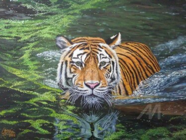 绘画 标题为“Tigre en pantano” 由V.Oña, 原创艺术品, 油 安装在木质担架架上