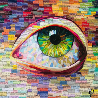 Collages titled "Regard 2" by Emily Coubard (Mil.), Original Artwork, Collages Mounted on Wood Stretcher frame