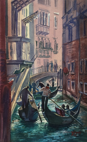 Painting titled "Gondoliers on the V…" by Natalia Veyner, Original Artwork, Watercolor