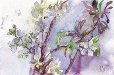 Painting titled "blooming red plum b…" by Svitlana Lagutina, Original Artwork, Watercolor