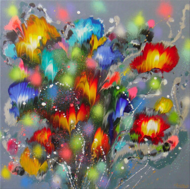 Peinture intitulée "”Flowers in Silver”…" par Irini Karpikioti, Œuvre d'art originale, Acrylique Monté sur Châssis en bois