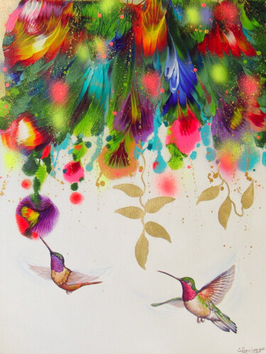 绘画 标题为“Flowers and Humming…” 由Irini Karpikioti, 原创艺术品, 丙烯 安装在木质担架架上