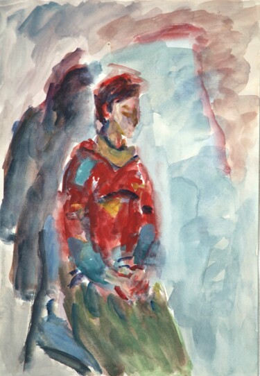 Woman in red costume Ζωγραφική με τίτλο "Woman in red costume" από Terushige Matsumoto, Αυθεντικά έργα τέχνης, Ακουαρέλα