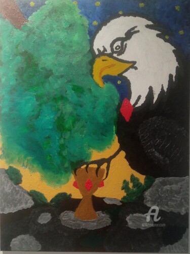 Malerei mit dem Titel "Le gardien du graal" von Amelie Mondain, Original-Kunstwerk, Öl Auf Keilrahmen aus Holz montiert