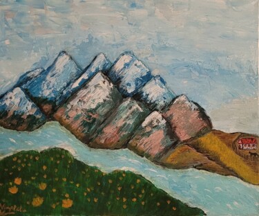 Painting titled "ferme à côté de la…" by Dochka Docheva, Original Artwork, Acrylic Mounted on Wood Stretcher frame