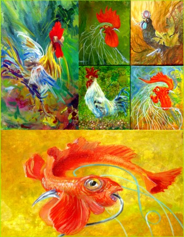 6 tableaux coqs en fleurs coquelicots