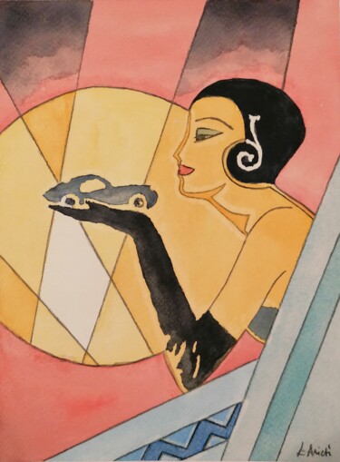 Pittura intitolato "The woman & the car" da Leonardo Arieti, Opera d'arte originale, Acquarello