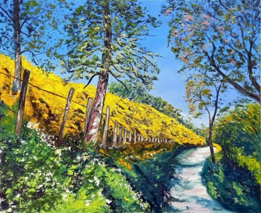 Peinture intitulée "La colline aux genê…" par Pascal Baudot, Œuvre d'art originale, Huile Monté sur Châssis en bois