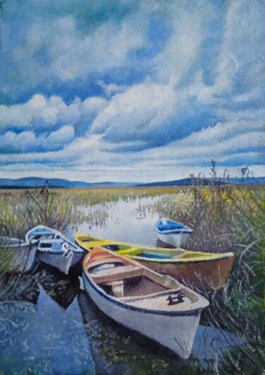 Peinture intitulée "bateaux sur le lac…" par Djamel Baouali, Œuvre d'art originale, Huile