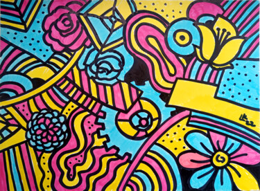 Abstract Colorful Composition with Decorative Flowers 图画 标题为“Abstract Colorful C…” 由Lada Kholosho, 原创艺术品, 标记