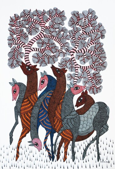 Painting titled "Gond Painting  ( Tr…" by Manoj Kumar Tekam, Original Artwork, Acrylic