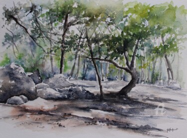 Painting titled "Arbres et rochers" by Marie-Charlotte Houpeurt-Chauffeté, Original Artwork, Watercolor