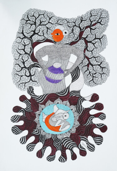 绘画 标题为“MOTHER TREE” 由Man Singh Durga Bai Vyam,, 原创艺术品, 丙烯