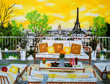 La terrasse blanche. Peinture intitulée "La terrasse blanche." par Jean-Pierre Borderie, Œuvre d'art originale, Acrylique Monté sur Châssis en bo…