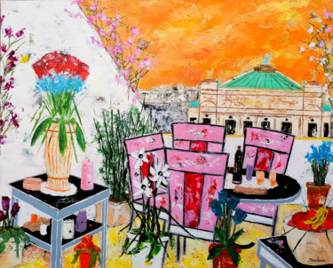 Plantes et fleurs sur la terrasse devant l'Opéra de Paris. Painting titled "Plantes et fleurs s…" by Jean-Pierre Borderie, Original Artwork, Acrylic Mounted on Wood Stretcher frame