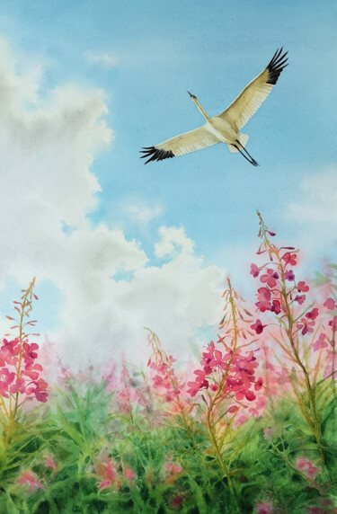 Snow Crane - whooping crane - fireweed blossoms Ζωγραφική με τίτλο "Snow Crane - whoop…" από Olga Beliaeva, Αυθεντικά έργα τέχνης, Ακουαρέλα
