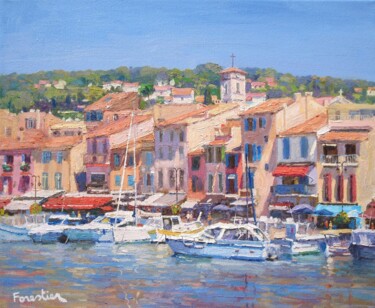 Painting titled "Cassis Harbor" by Marc Forestier, Original Artwork, Oil Mounted on Wood Stretcher frame