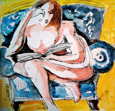 Peinture intitulée "Le lectrice" par Decastro, Œuvre d'art originale, Aquarelle