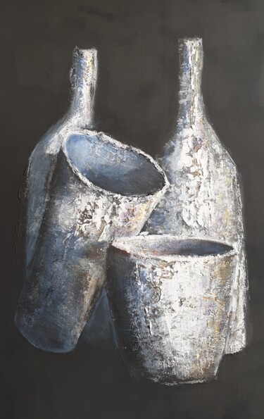 Painting titled "Les bouteilles" by Sabine Veillet, Original Artwork, Acrylic Mounted on Wood Stretcher frame