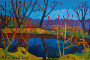 Schilderij getiteld "Pond" door Mykola Kozlovskyi, Origineel Kunstwerk, Acryl Gemonteerd op Karton