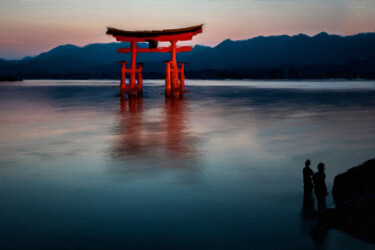 Digital Arts titled "Asian Lake Structure" by Tony Rubino, Original Artwork, Digital Painting Mounted on Wood Stretcher frame