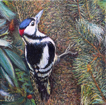 WOODPECKER" in a frame Malarstwo zatytułowany „WOODPECKER" in a fr…” autorstwa Sergey Suslov, Oryginalna praca, Olej Zamontowany na Karton