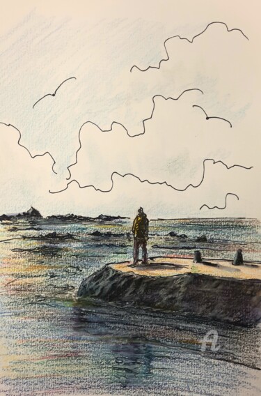Tekening getiteld "REGARD SUR LA MER" door Alain Devienne, Origineel Kunstwerk, Potlood