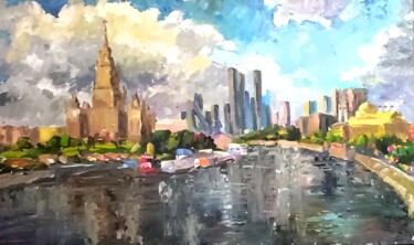 Painting titled "День России на Крас…" by Nina Silaeva, Original Artwork, Oil Mounted on Wood Panel