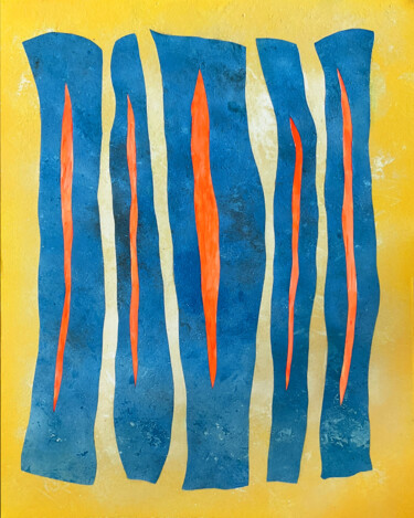 Painting titled "Cinq fentes oranges" by Vincent Sébart, Original Artwork, Acrylic Mounted on Wood Stretcher frame