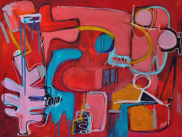 Painting titled "Blue in red fantasy" by Maria Penn, Original Artwork, Acrylic Mounted on Wood Stretcher frame