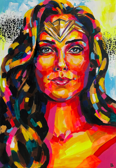 Pop art, Gal Gadot portrait painting, Wonder woman artwork Pintura titulada "Pop art, Gal Gadot…" por Dizlarka, Obra de arte original, Acrílico Montado en Bastidor de camilla de madera