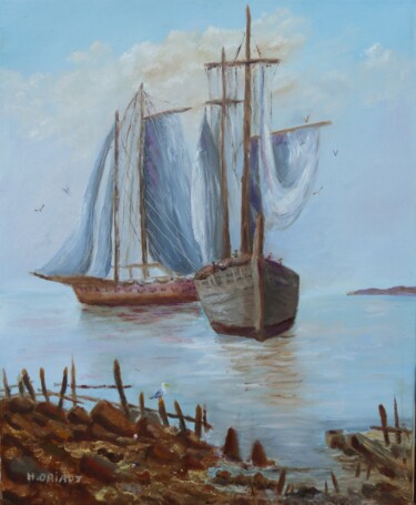 Peinture intitulée "Les Bateaux" par H. Oriaut, Œuvre d'art originale, Huile Monté sur Châssis en bois